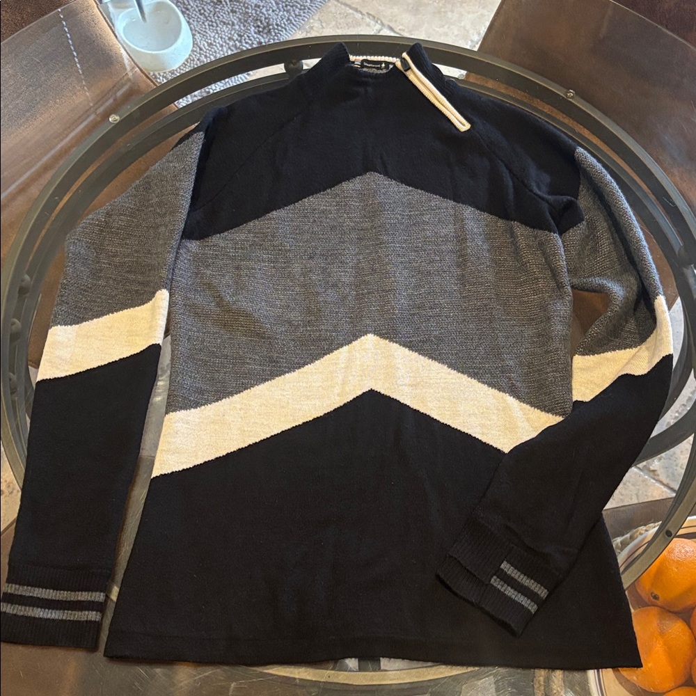 Smartwool Merino Wool Quarter Zip Sweater XL Black Gray Chevron Ski Pullover